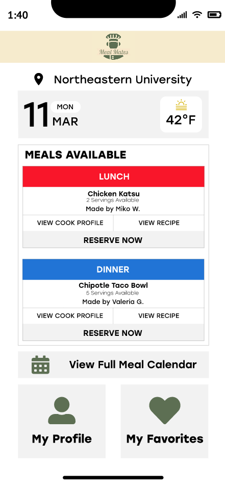 Mobile app screenshot from Meal Mates showing meal options at Northeastern University on March 11, with lunch featuring Chicken Katsu and dinner featuring Chipotle Taco Bowl.
