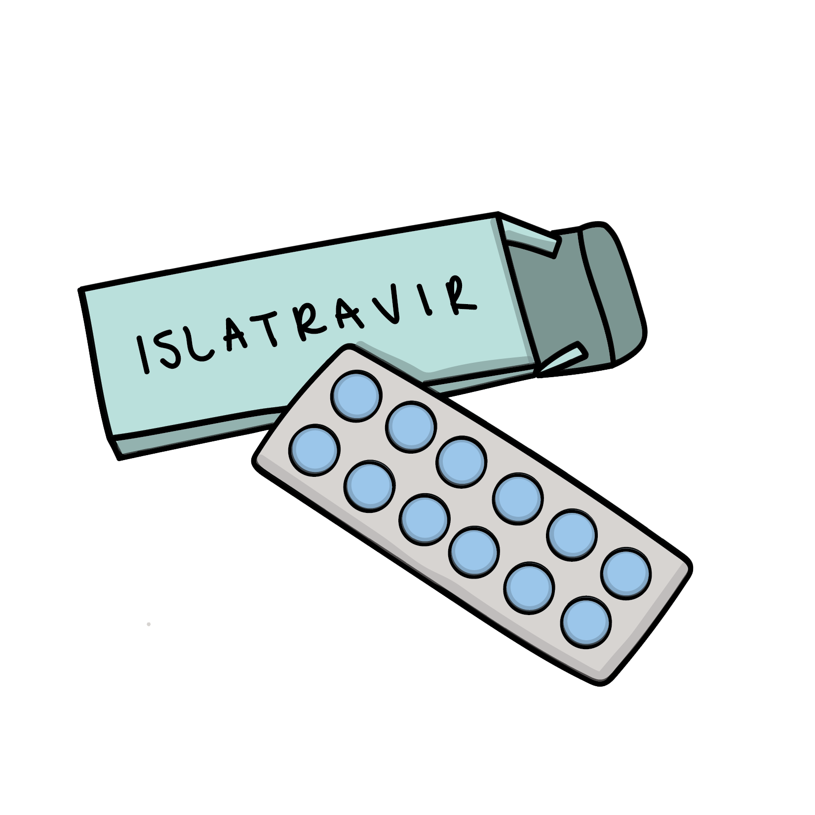 A box of medication labeled 'ISLATRAVIR' and a blister pack of pills with blue tablets.