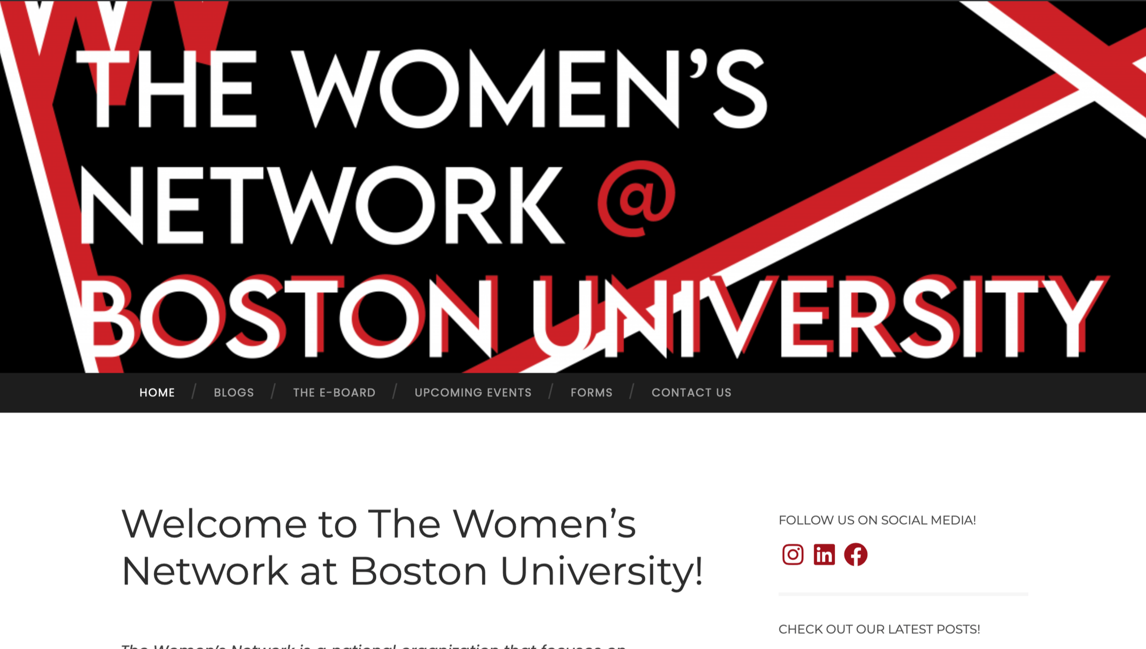 The homepage of the Women's Network at Boston University Blog Website, featuring bold red, black, and white colors with the organization’s name and a navigation menu.