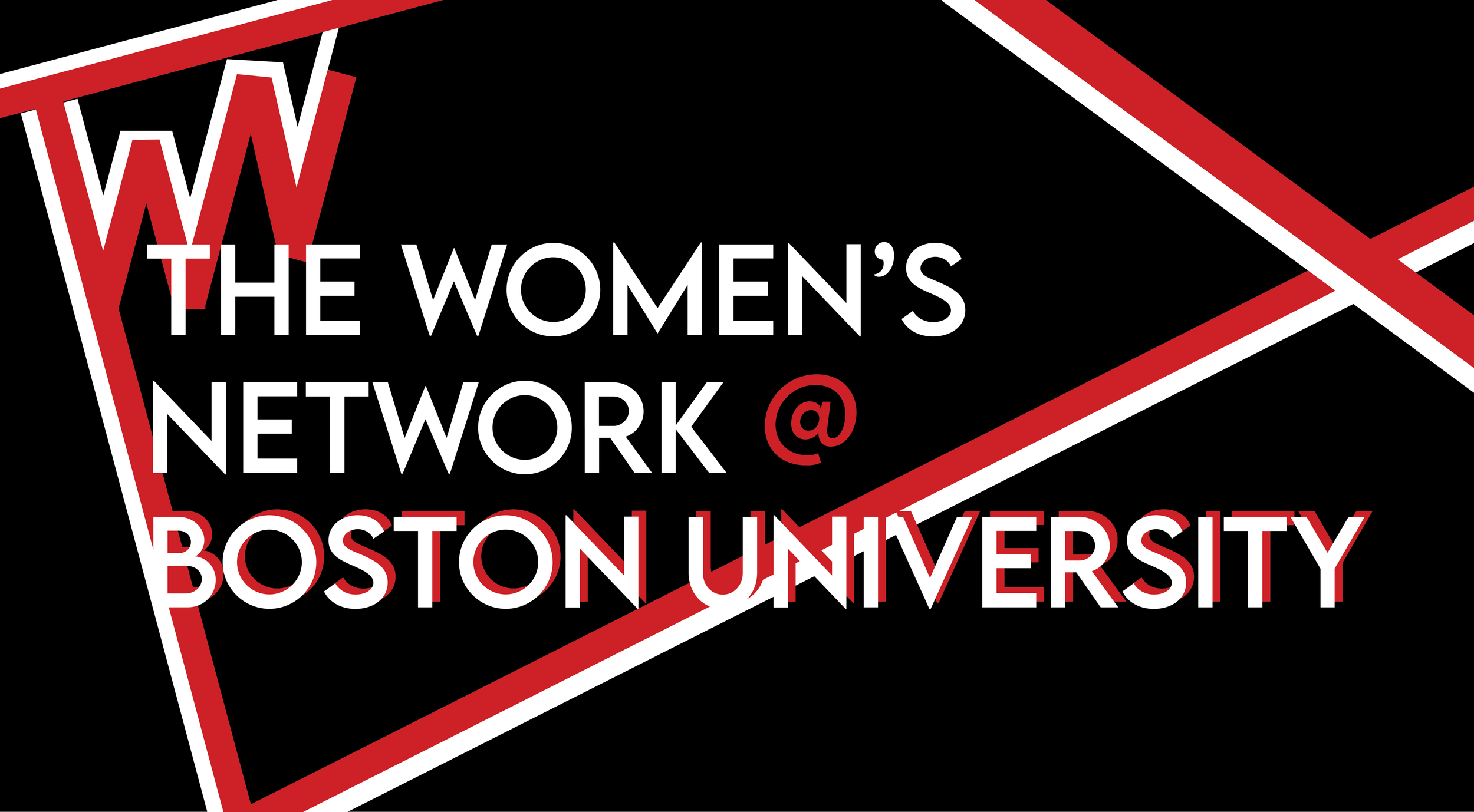 Banner for Women's Network at Boston University, featuring black, red, and white colors with stylized line designs.