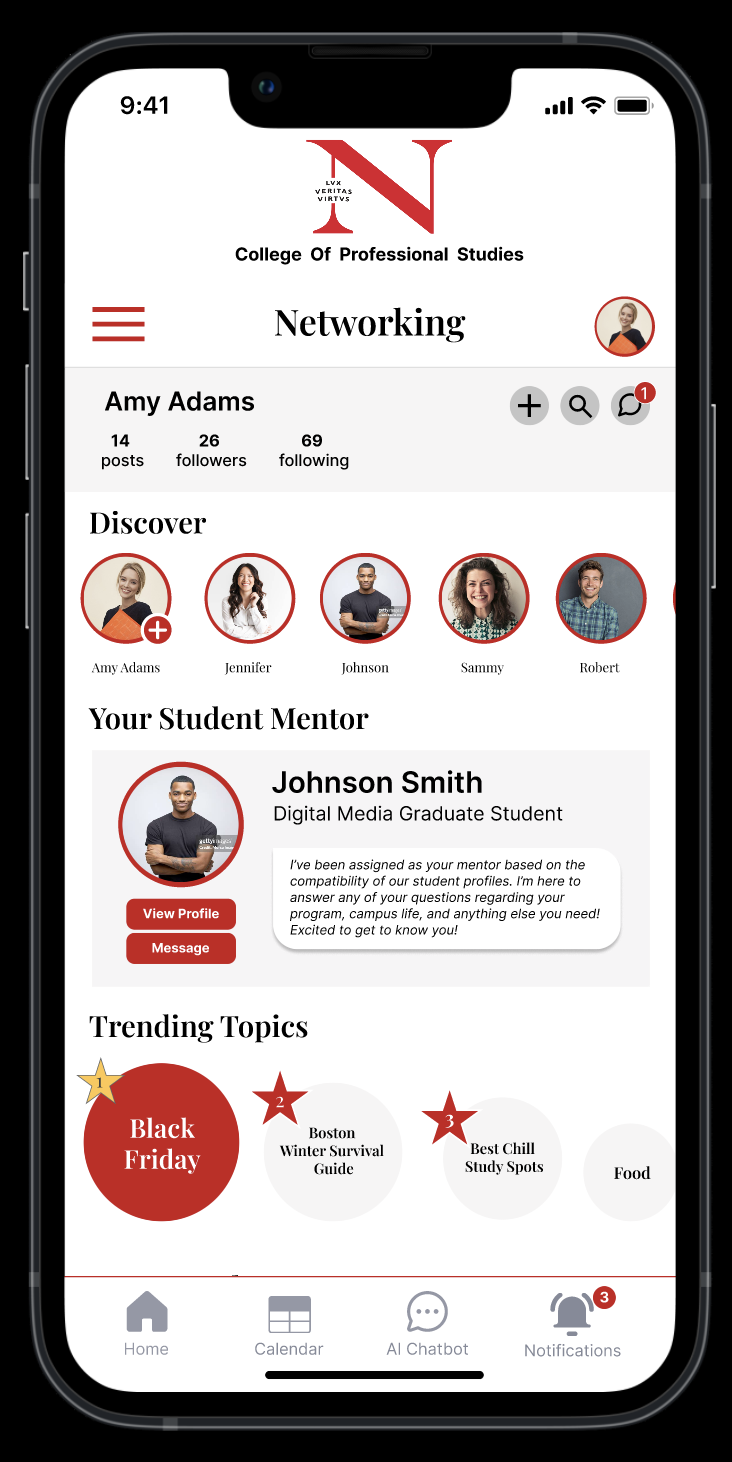 Mobile app interface for the College of Professional Studies Student App, displaying a networking section with user profile, discover section with friends, mentor profile, trending topics like Black Friday, and navigation menu at the bottom.