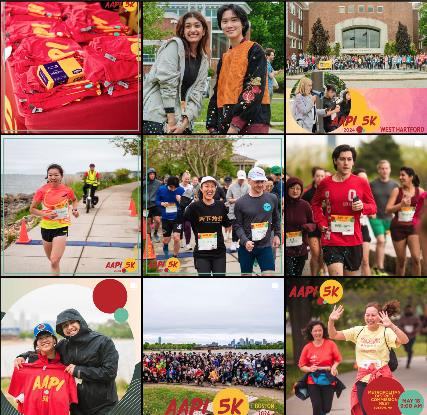 A collage of images from a 5K race event, featuring participants running, smiling, and holding race T-shirts, with some images showing the race start and finish areas, and a large group of runners outdoors.