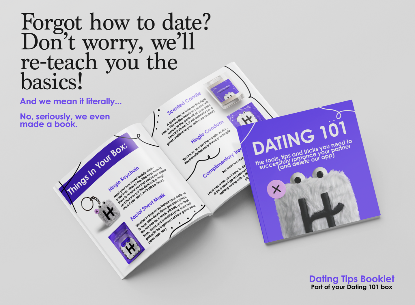 Open dating tips booklet titled 'DATING 101' with tools and tricks for successful romance, displayed with items like a keychain, face mask, scented candle, and condom, on a grey background.