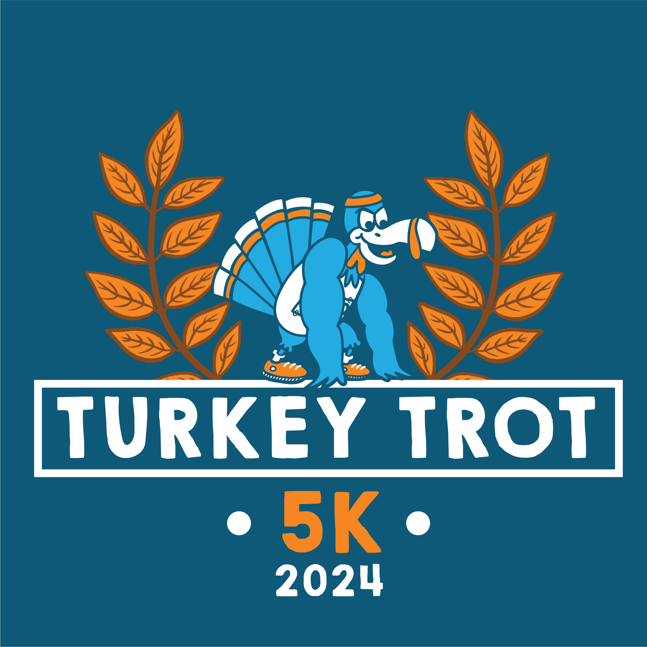 A logo for the Turkey Trot 5K race in 2024, featuring a cartoon turkey wearing sneakers, with orange leaves surrounding it on a blue background and some text partially visible.