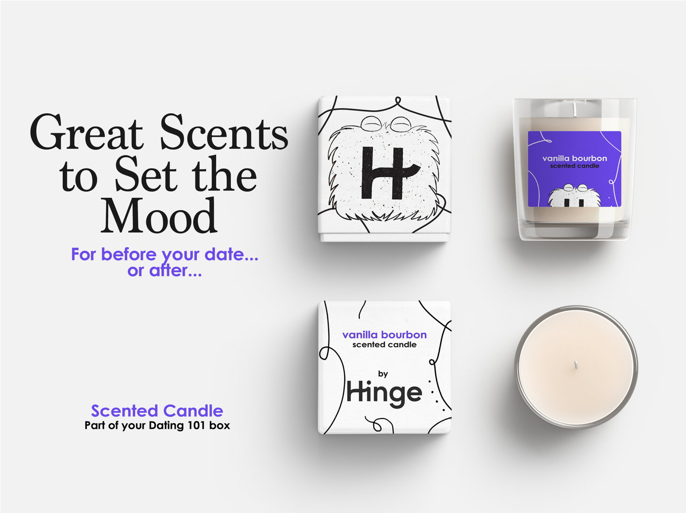 A promotional image showing scented candles and packaging for setting the mood before or after a date, with text highlighting "Great Scents to Set the Mood" and mentioning vanilla bourbon scent, part of a dating-themed gift box.
