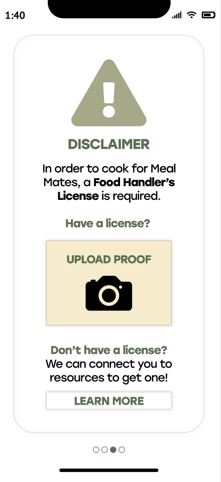 Mobile app screen with a warning icon and disclaimer about needing a food handler's license to cook for Meal Mates, with options to upload proof or learn more.