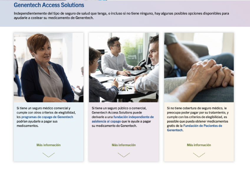 A screenshot of the Spanish homepage for "Genentech Access Solutions" showing three options for medication coverage based on insurance type: commercial, public or commercial, and no coverage.
