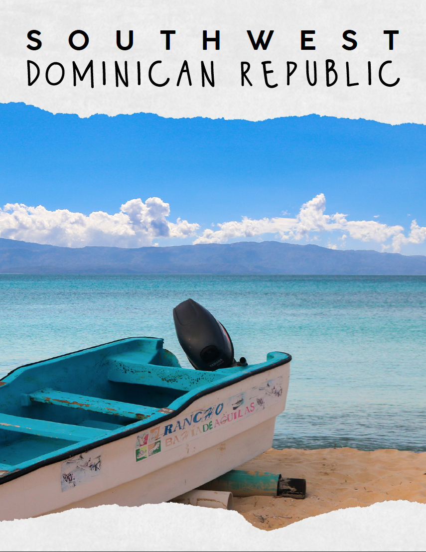 Small boat with an outboard motor on sandy beach, view of calm turquoise water, blue sky with clouds, mountains in the distance, text overlay reading 'Southwest Dominican Republic'.