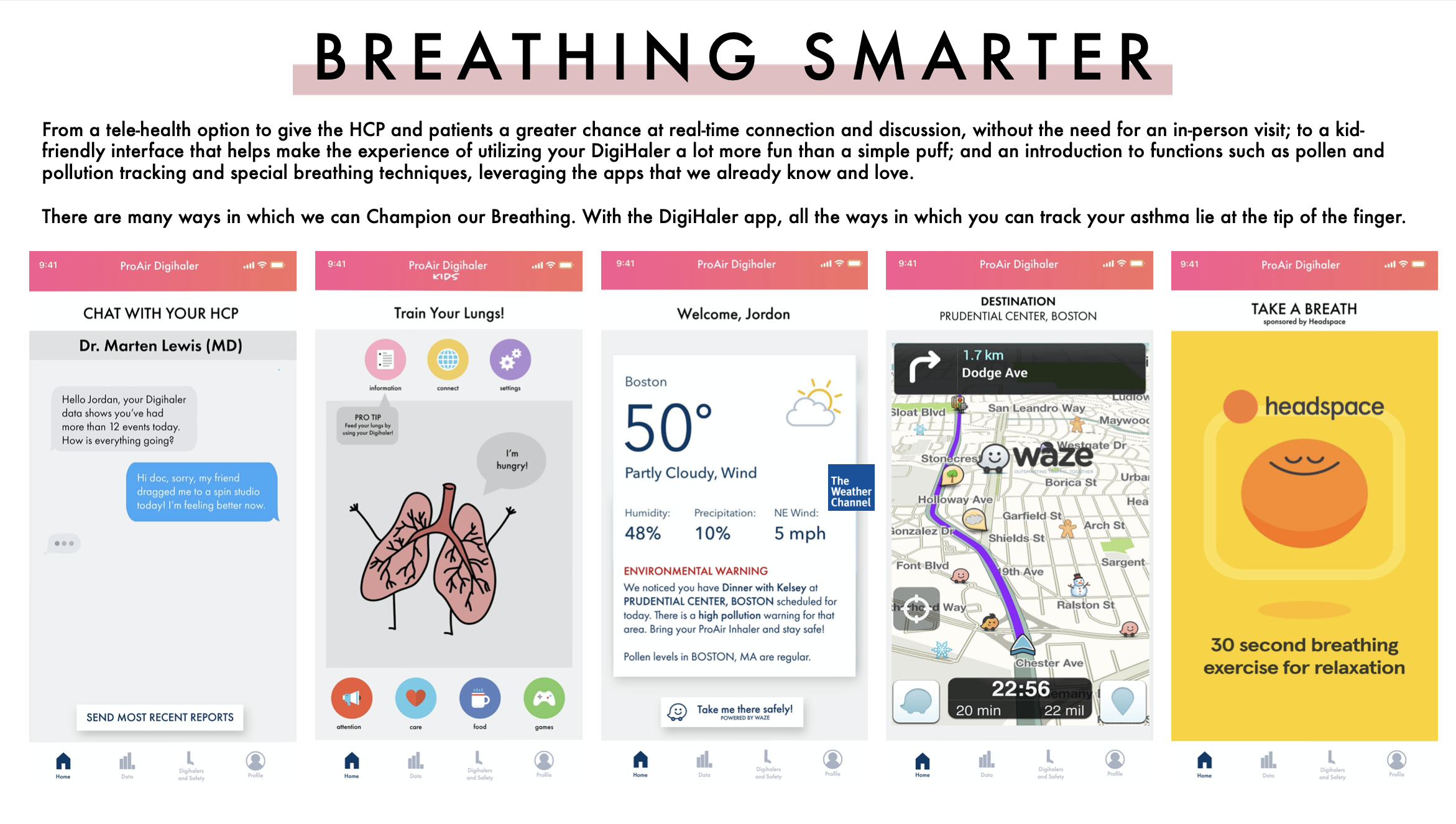Screenshot of a mobile app interface called ProAir Digihaler, providing various features for asthma management including chat with healthcare professional, lung training, weather updates, navigation with Waze, and breathing exercises.