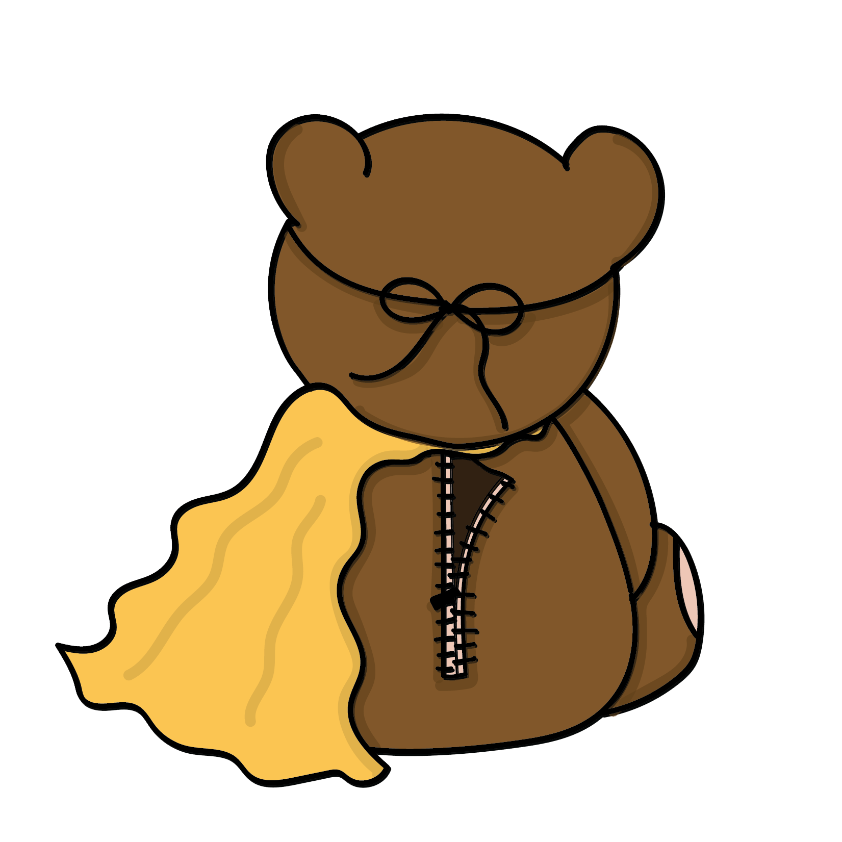 A cartoon illustration of a teddy bear with brown fur, wearing a yellow cape, and a black zipper on its front.