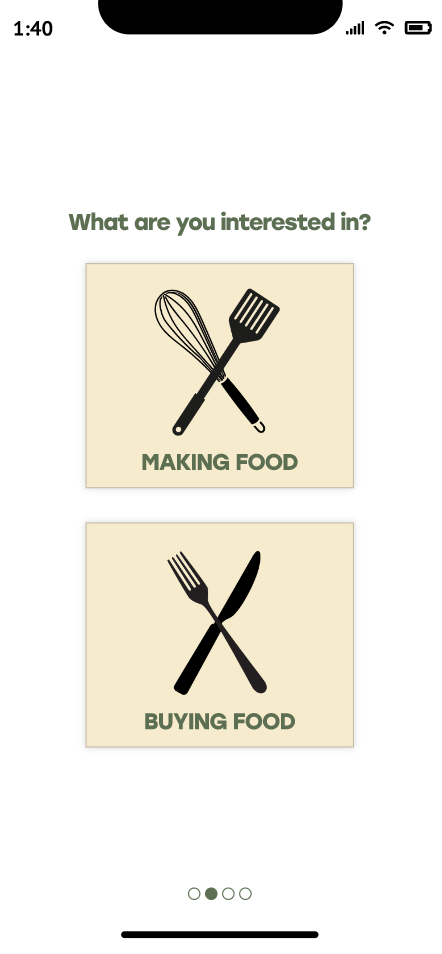 Mobile app screen with two options: 'Making Food' with a whisk and spatula icon, 'Buying Food' with a fork and knife icon.