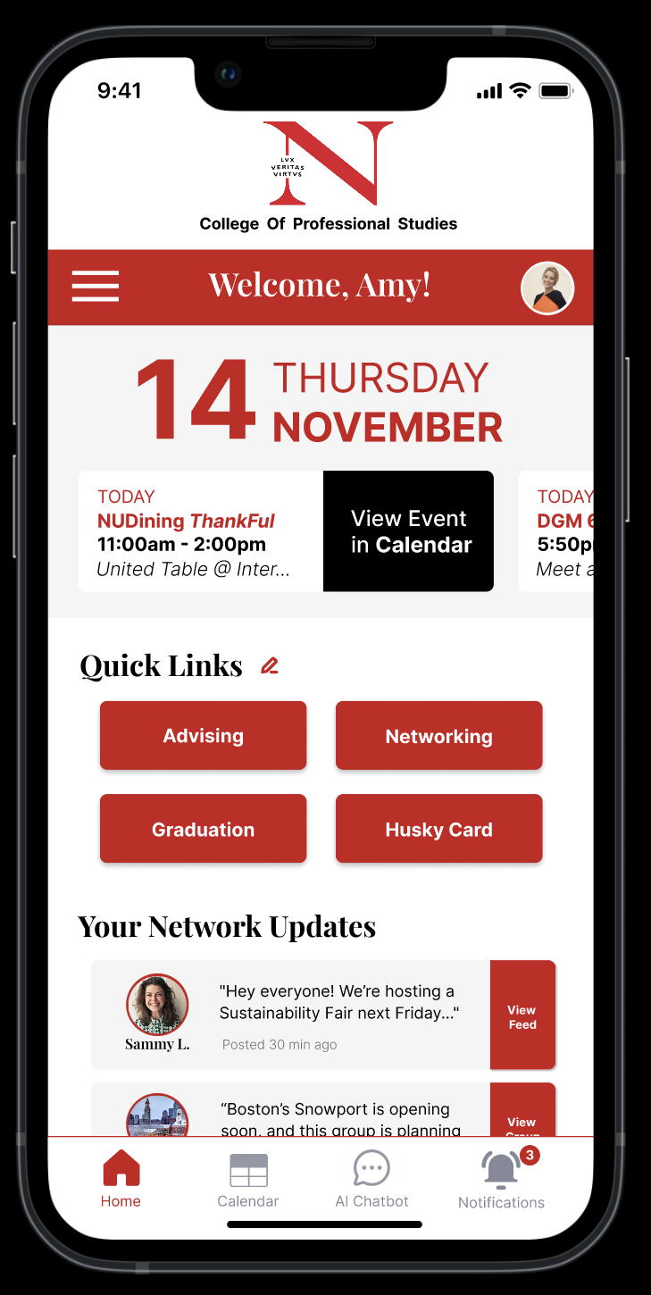 Mobile app interface for the College of Professional Studies Student App, displaying a homepage with greeting to the user, current date and day, upcoming events, quick links, and network updates from users.