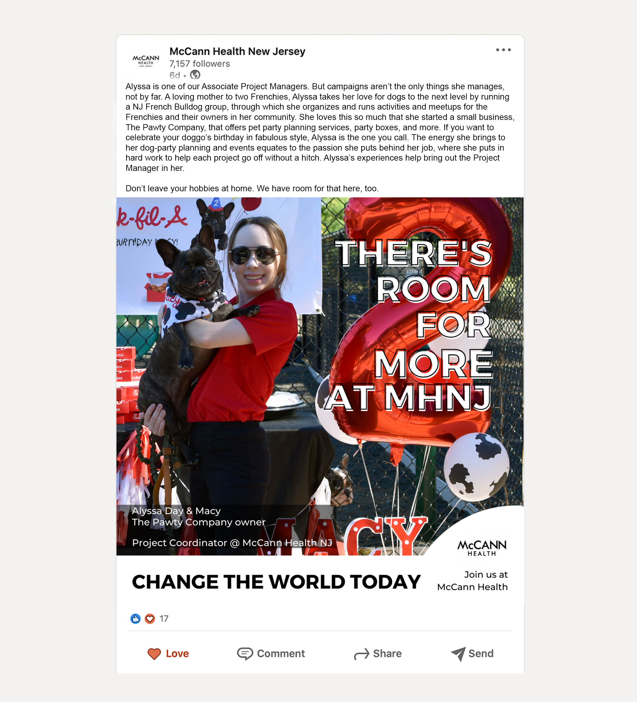Social media post from McCann Health New Jersey featuring a woman holding a dog, with balloons and a backdrop with text and images. The post promotes changing the world today.