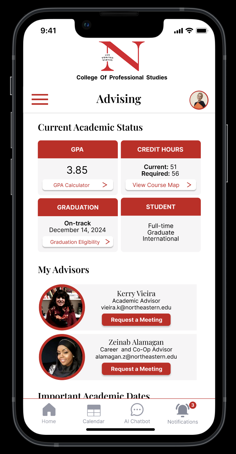 Mobile app interface for the College of Professional Studies Student App, displaying a dashboard for college advising, showing academic status including GPA, credit hours, graduation date, and student type. Also displays advisors' contact info.