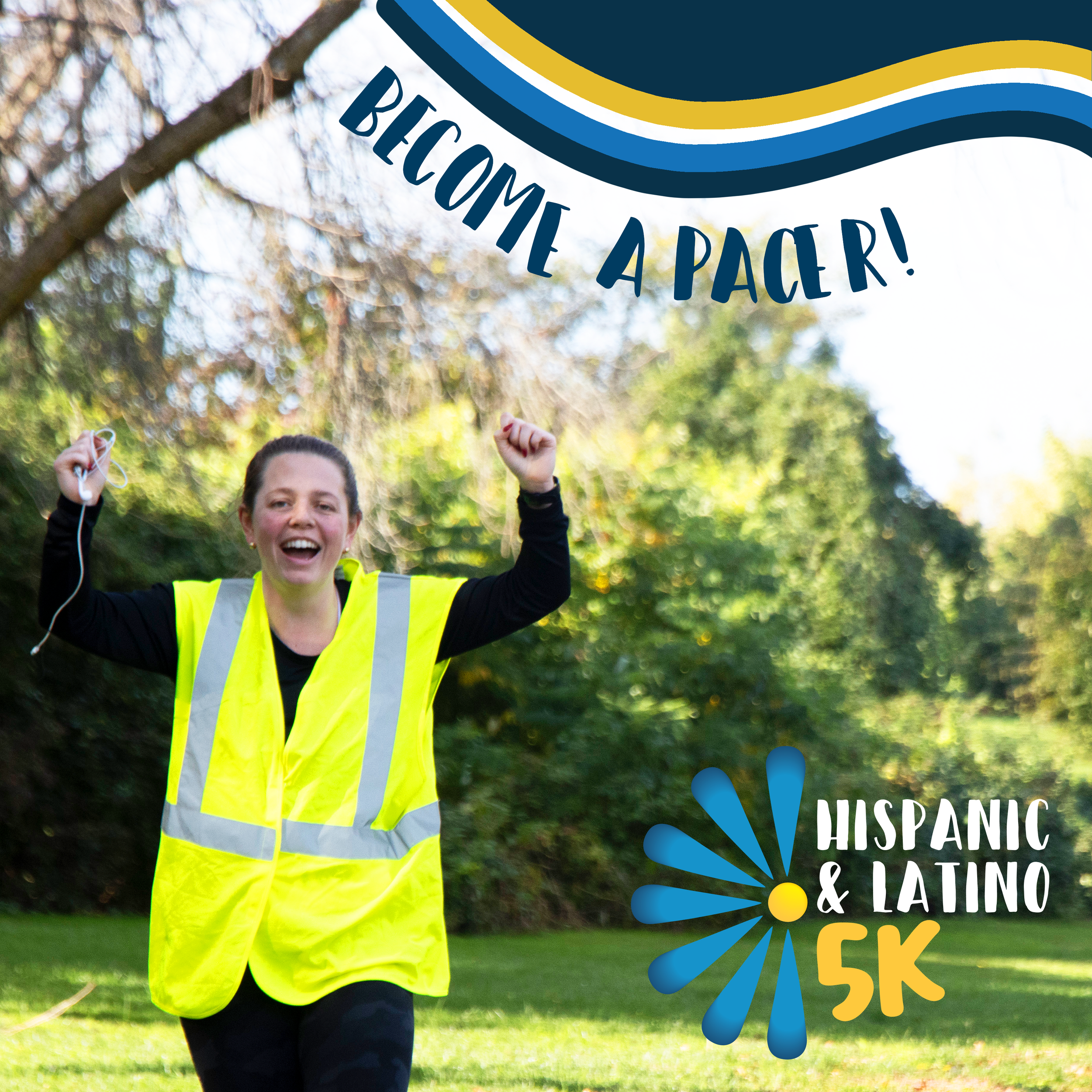 A person wearing a yellow safety vest is running and cheering in a park with trees in the background. The text above her reads 'BECOME A PACER!'.