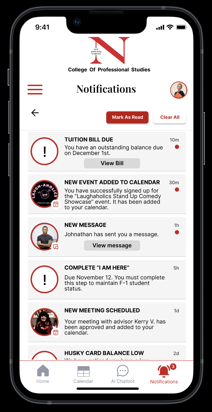 Mobile app interface for the College of Professional Studies Student App, displaying the notifications section, with alerts about tuition bills, events, messages, schedules, and other updates.