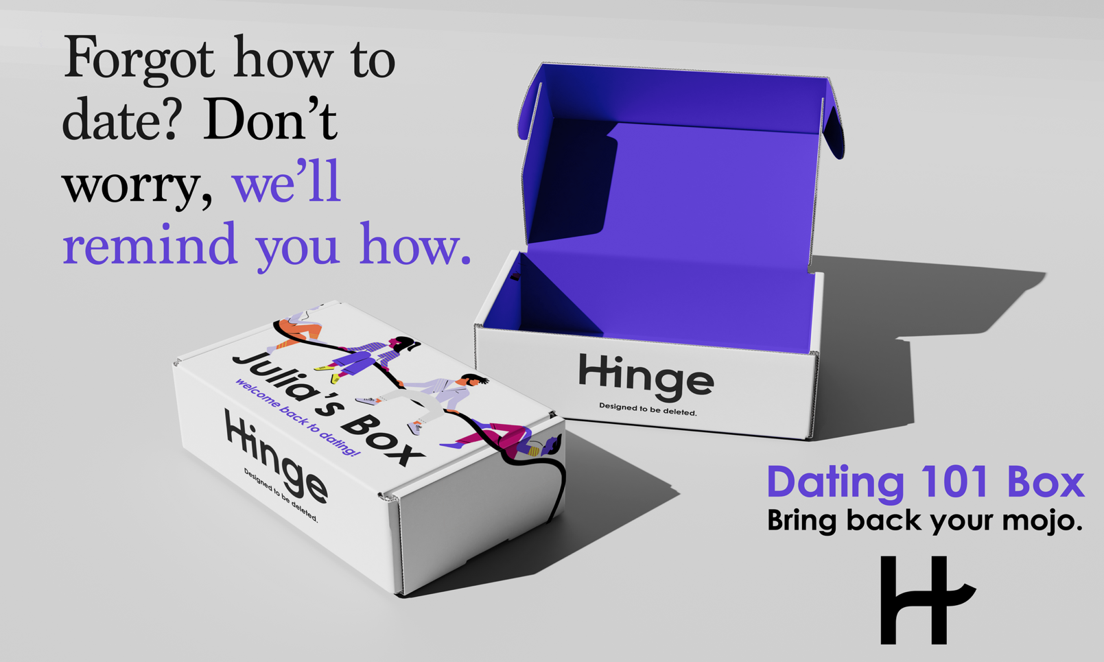 Open gray box labeled "Hinge" with purple interior, next to a white box titled "Julia's Box" with illustrations of smiling women, featured for a humorous dating reminder. Text emphasizes forgetfulness about dates and suggests bringing back your mojo.