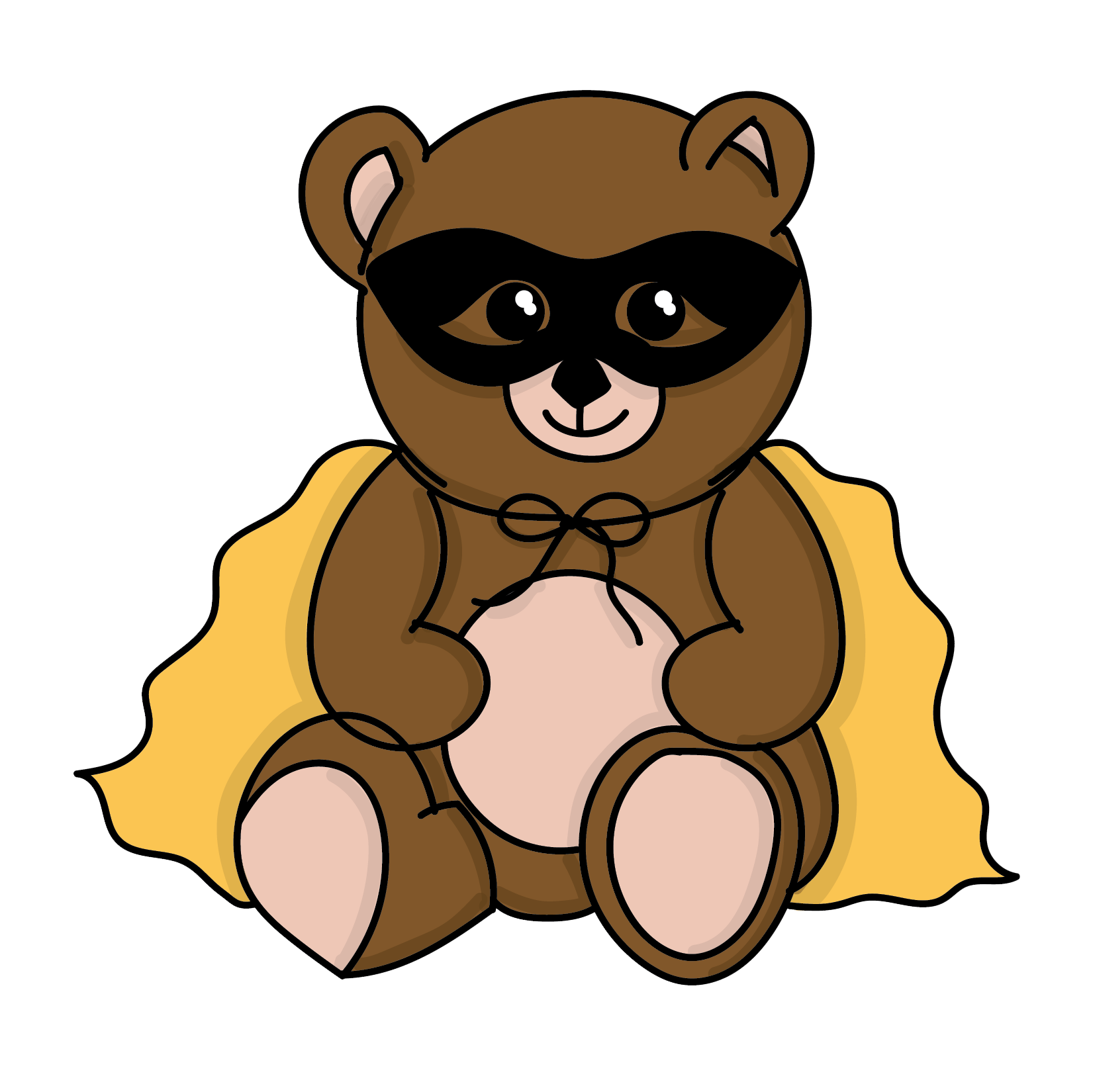 Cartoon bear wearing a black mask, sitting with a yellow cape, happy expression, holding a string.
