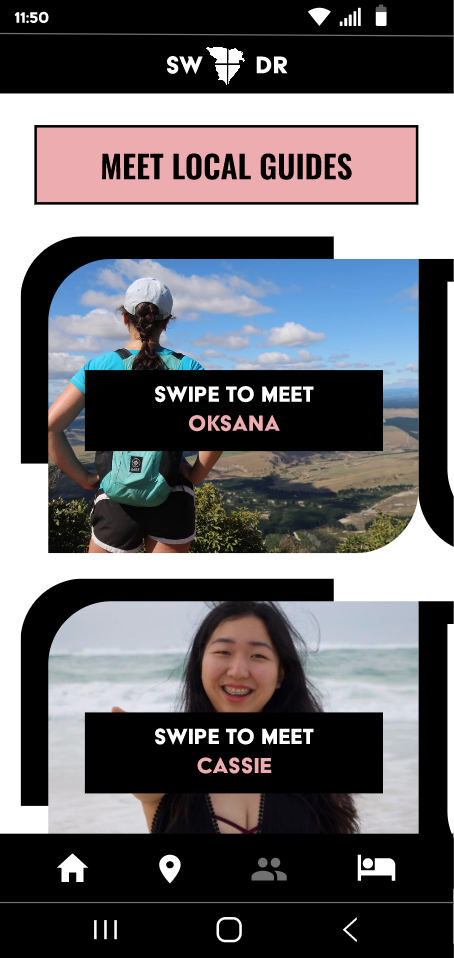 Mobile app screen showing options to meet local guides, with photos of a woman in outdoor terrain labeled Oksana and a woman at the beach labeled Cassie. Contains icons for home, location, community, and sleep at the bottom.
