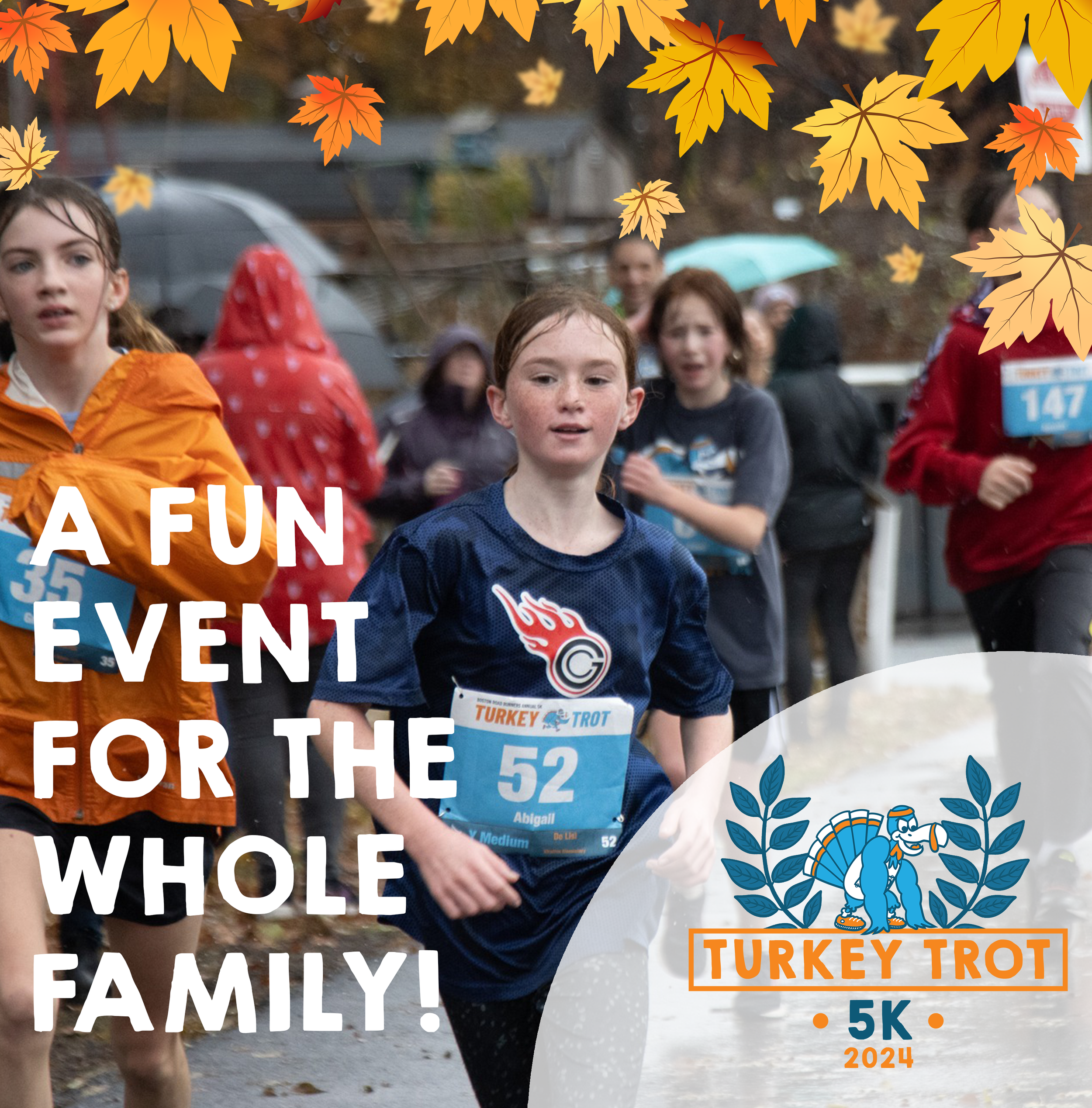 Children running in a race during a fall race event, with leaves falling and visible race bibs, including a boy in a blue shirt and a girl in an orange jacket.