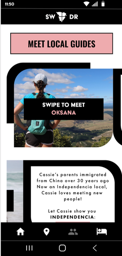 Mobile app screen showing a guide to meet local people, featuring a woman with a backpack outdoors, and informational text about Cassie's immigrant background from China.