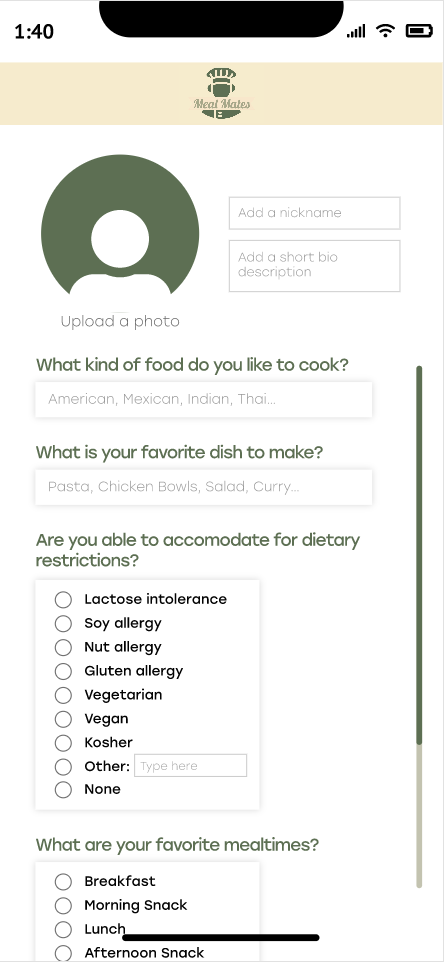 Screenshot of a mobile app called Meal Mates, displaying a profile setup page with fields for nickname, short bio, food preferences, favorite dishes, dietary restrictions, and mealtimes. The mealtimes options include breakfast, morning snack, lunch, and afternoon snack.