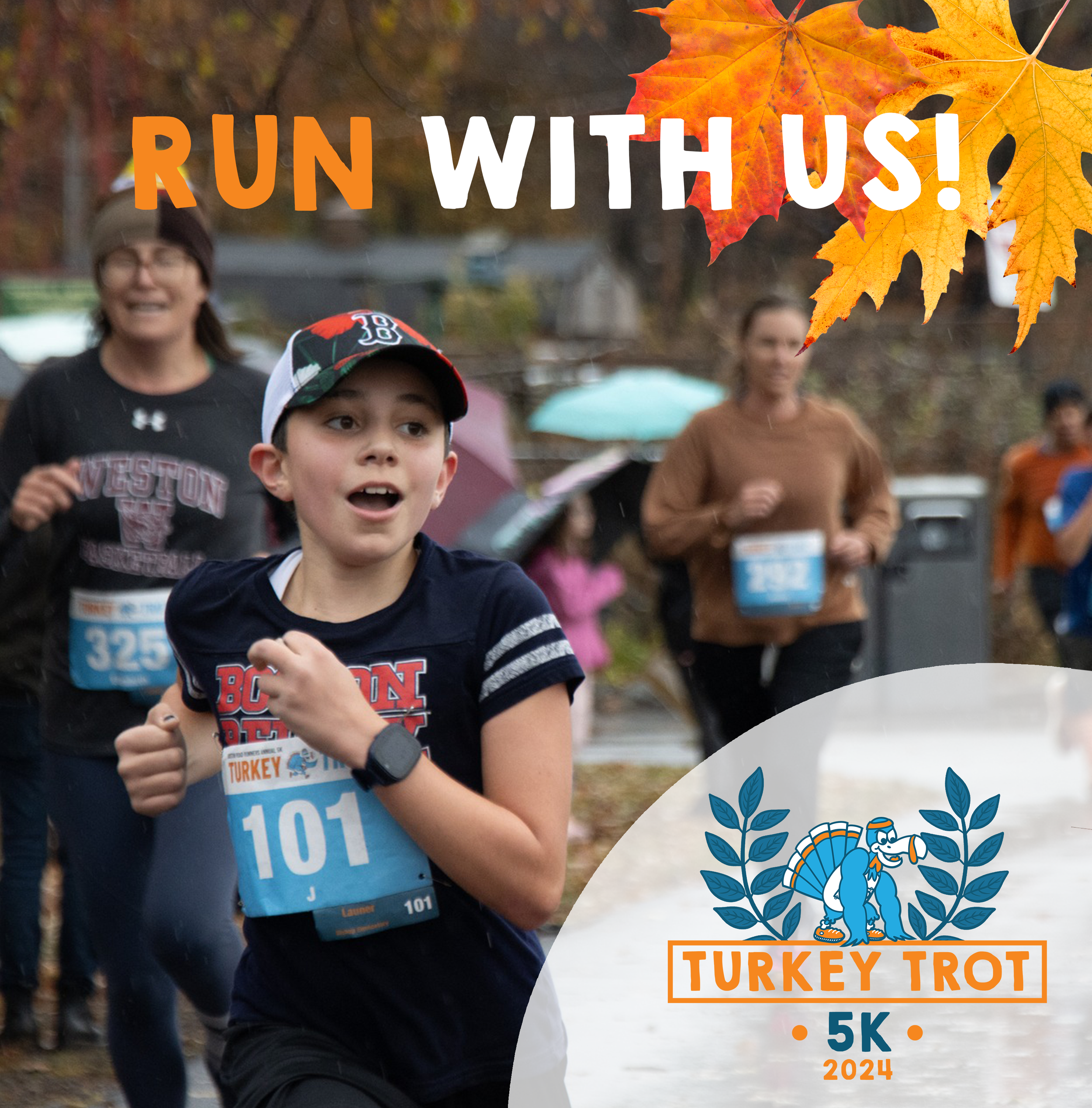 Participants running in a fall-themed marathon or race event with orange and white text saying "Run With Us!" and a graphic of a turkey and autumn leaves, indicating a Thanksgiving Turkey Trot 5K in 2024.