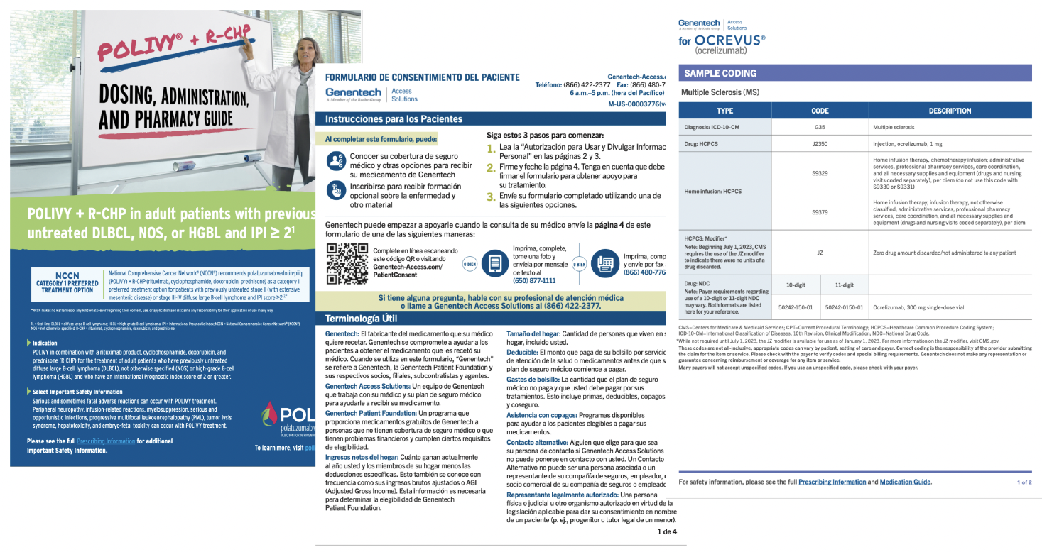 A healthcare professional presents a medical dosing and pharmacy guide titled 'POLIVY + R-CHP' on a whiteboard. The guide includes treatment information for adult patients with certain types of lymphoma in both English and Spanish.