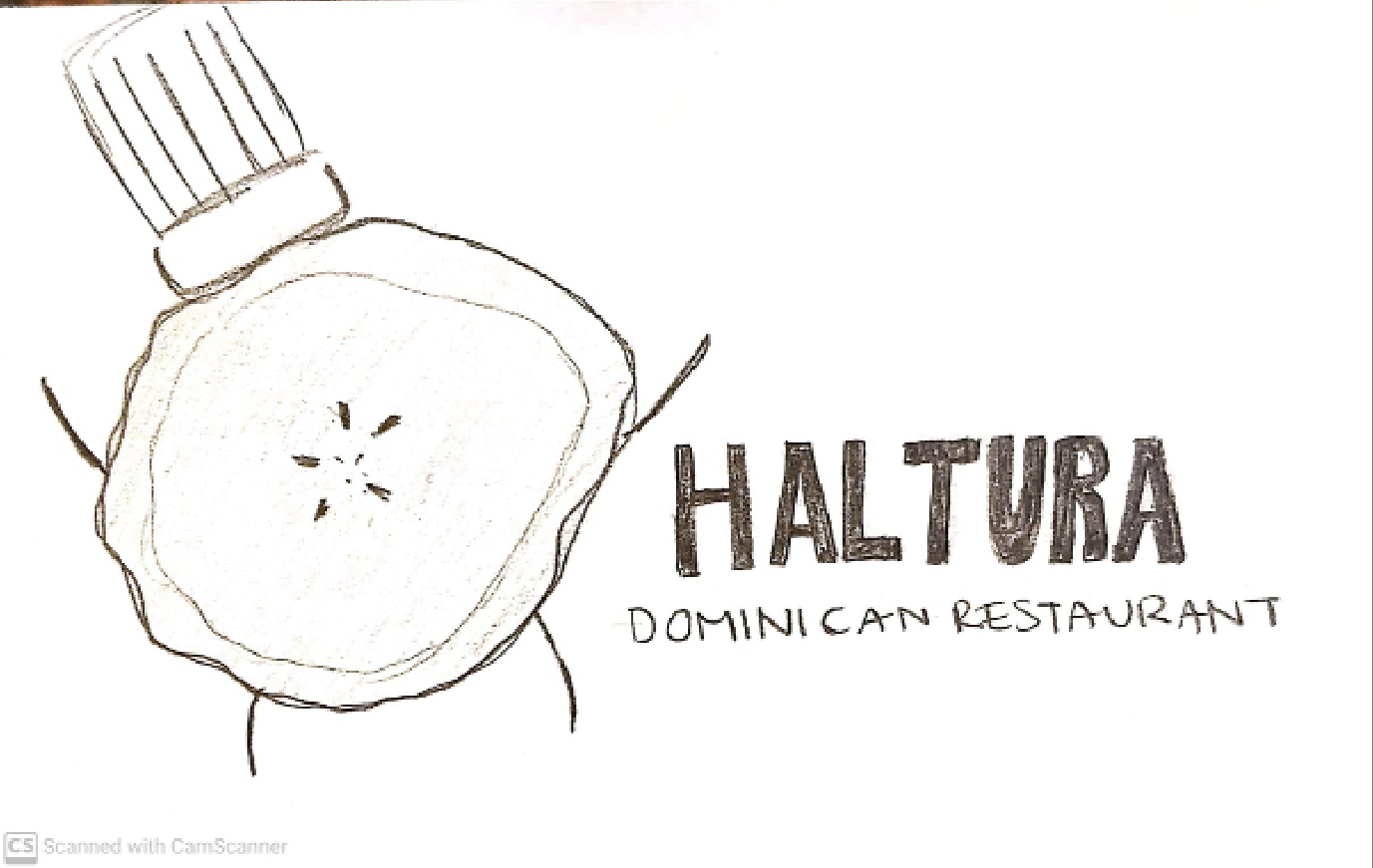 Hand-drawn logo of Haltera Dominican Restaurant featuring a stylized slice of banana with a fork behind it and the restaurant's name.