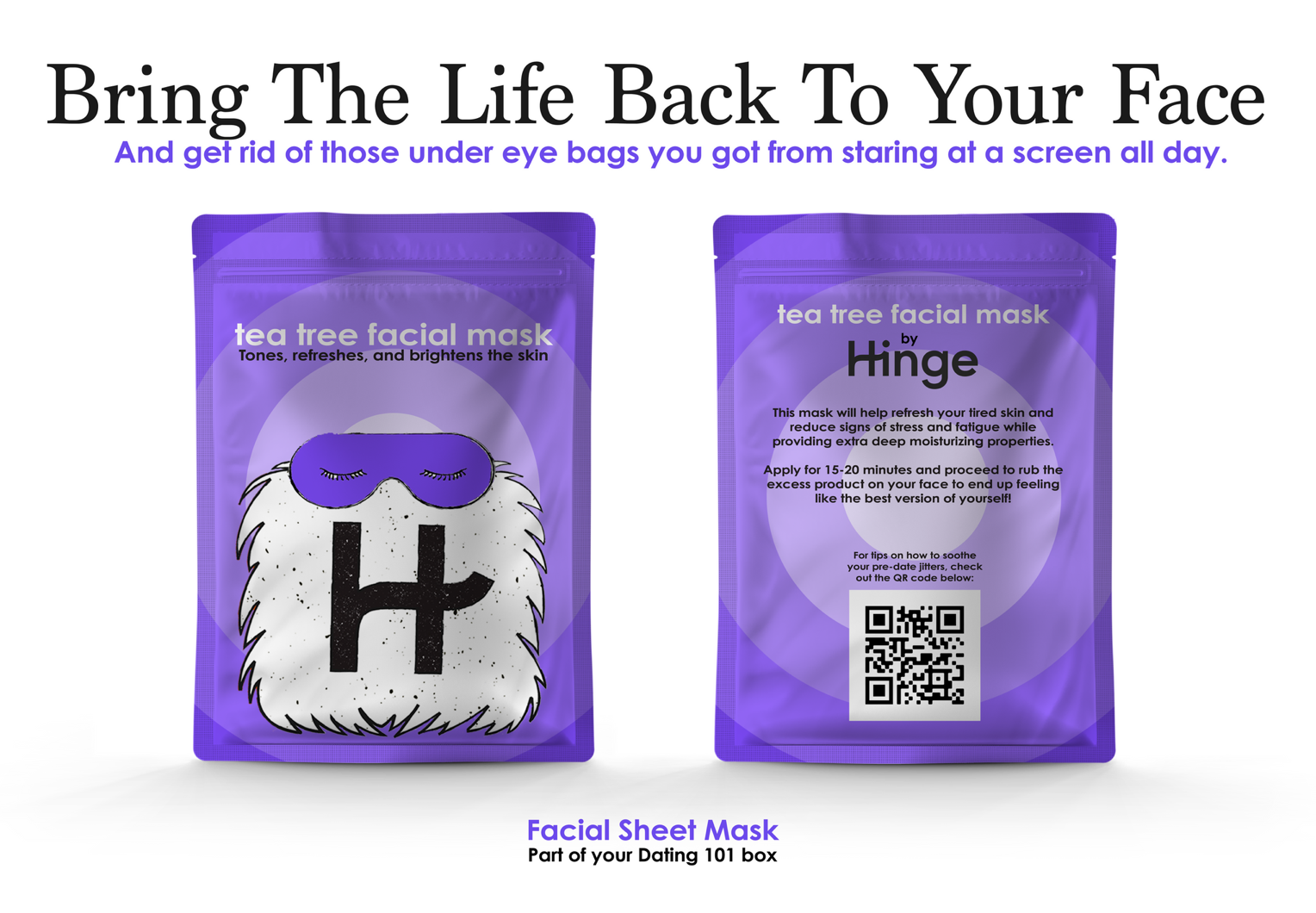 Two purple packages labeled 'tea tree facial mask' with facial mask illustrations, one with closed eyes and an 'H' on its face, and the other with instructions and a QR code on the back, promoting skin refreshment and reducing eye bags.