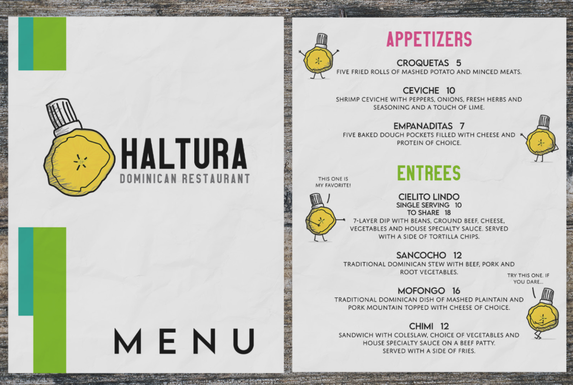 Menu from Haltura Dominican Restaurant with sections for appetizers and entrees, featuring illustrations of a lemon with a face. The appetizers include croquetas, ceviche, and empanaditas. The entrees include Cielito Lindo, Sancocho, Mofongo, and Chimi.