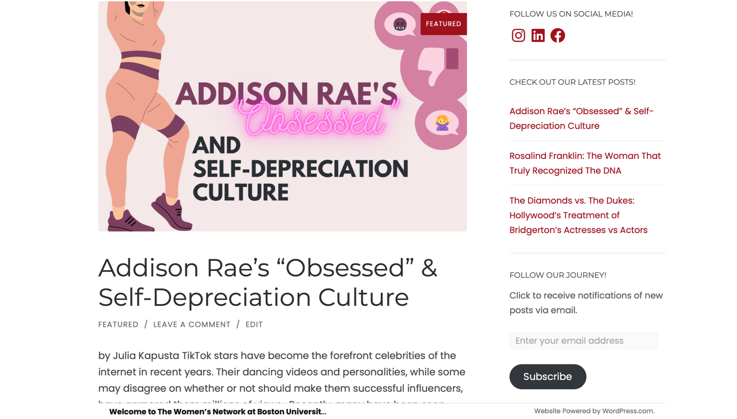 A graphic illustration of a woman with a pink top and purple shorts, wearing purple sneakers, with her arms raised. The background features the text 'Addison Rae's 'Obsessed' and Self-Depreciation Culture,' along with social media icons.