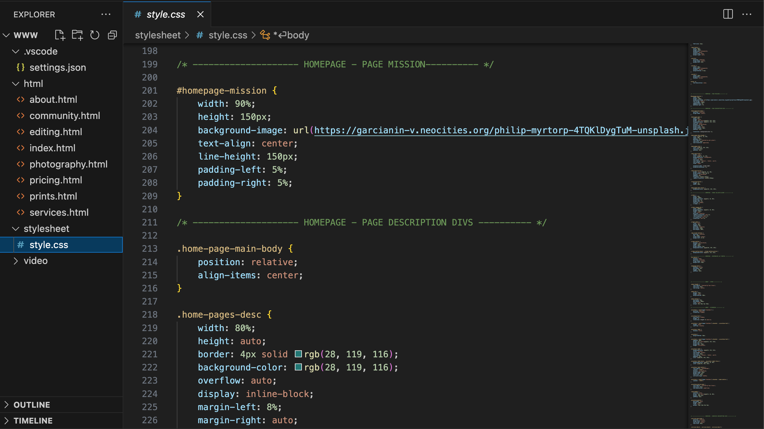 Screenshot of a computer screen showing a code editor with a stylesheet file named style.css open. The code includes CSS styles for a webpage, such as the homepage mission section with background image and center-aligned text.