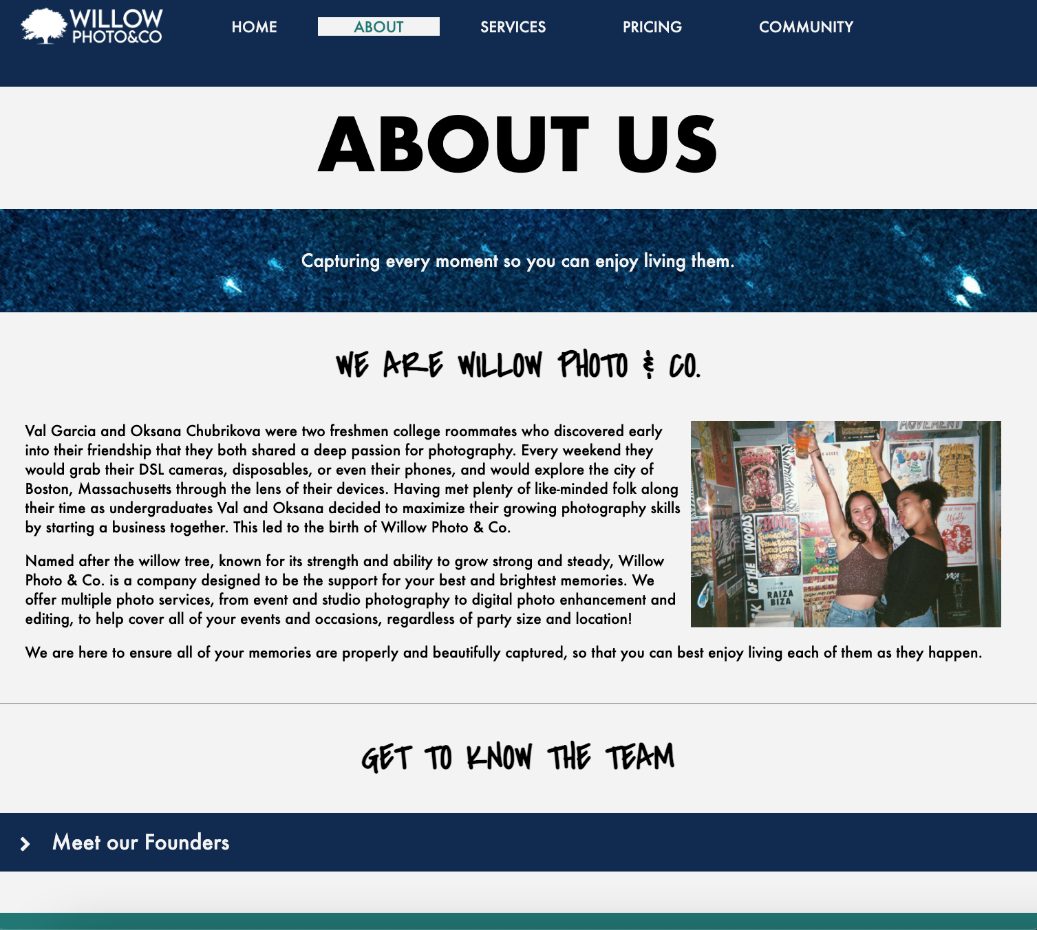 Screenshot of Willow Photo & Co. website's About page, showing the company description, team introduction, and a photo of two women smiling and raising their hands at a photography event or studio.