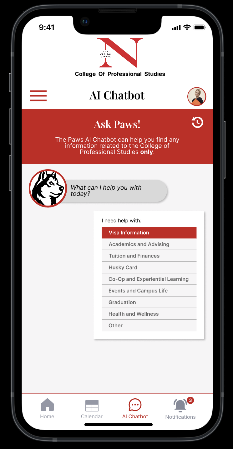 Mobile app interface for the College of Professional Studies Student App, displaying an AI chatbot with options for assistance on related topics such as visa information, academics, tuition, Husky Card, co-op, campus life, and other services.