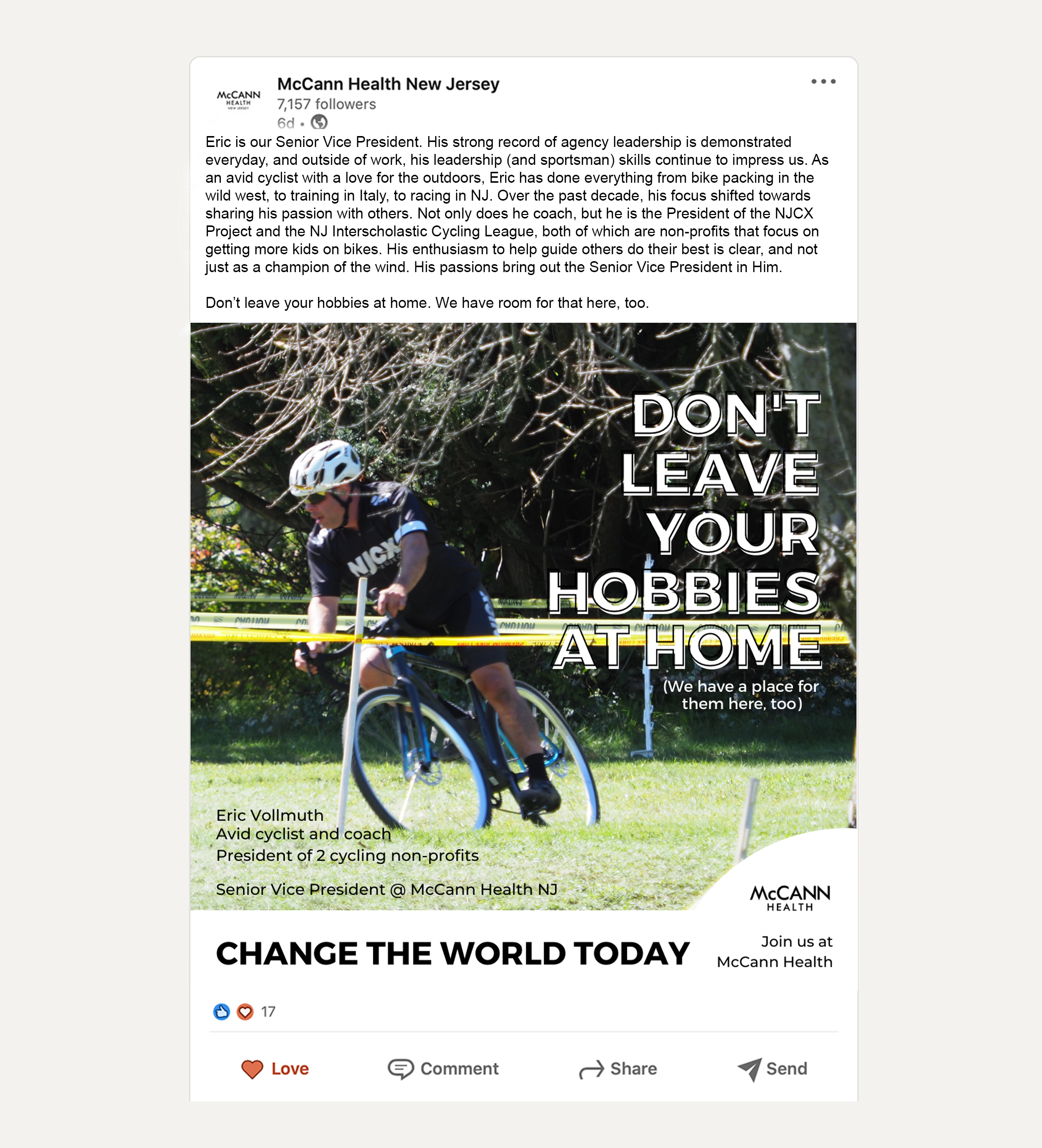 Text post from McCann Health New Jersey featuring a cyclist crossing a finish line outdoors with grass and trees, and the message "Don't leave your hobbies at home" alongside call to action to join McCann Health.