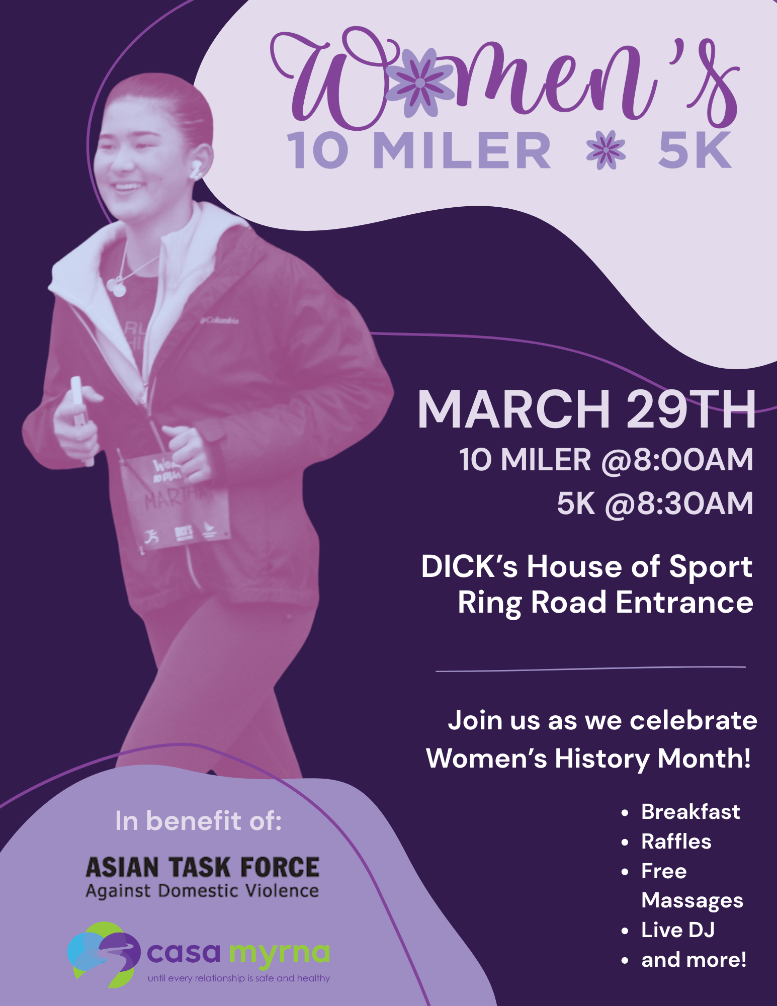 A woman jogging, smiling, in a purple and pink athletic jacket, advertising the 2026 Women's 10 Miler & 5K Event.