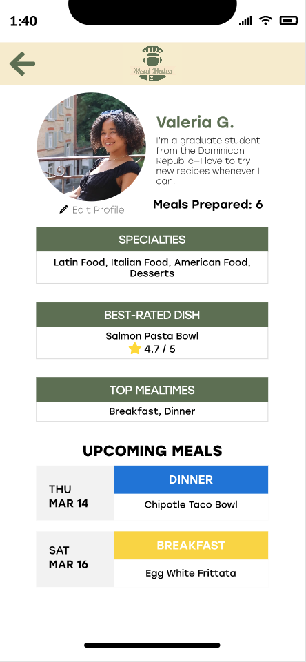 Screenshot of a mobile app profile page for Valeria G., a graduate student from the Dominican Republic, showing her meal preferences, top-rated dish, favorite mealtimes, and upcoming meals including dinner on March 14 and breakfast on March 16.