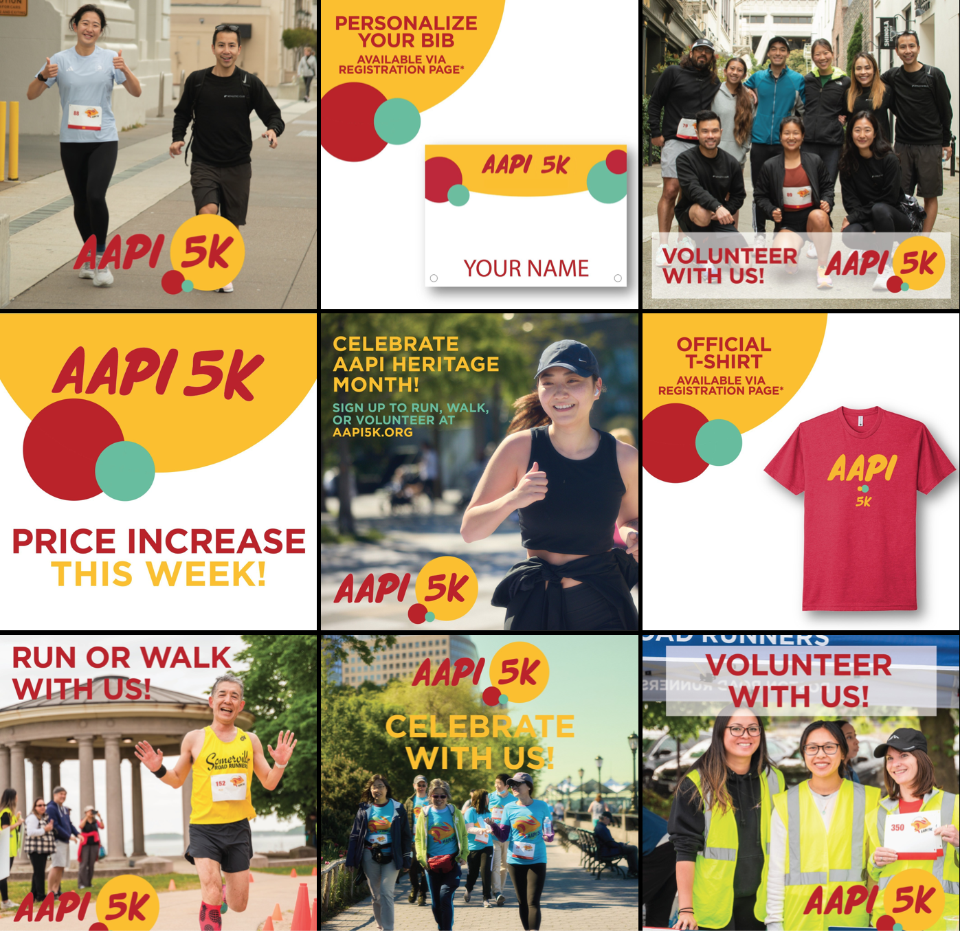 A collage of promotional images for the AAPI 5K race event. It features people running and volunteering, event branding with colorful circles, race bibs, and T-shirts, with messages about celebrating heritage month, registration, and volunteer opportunities.