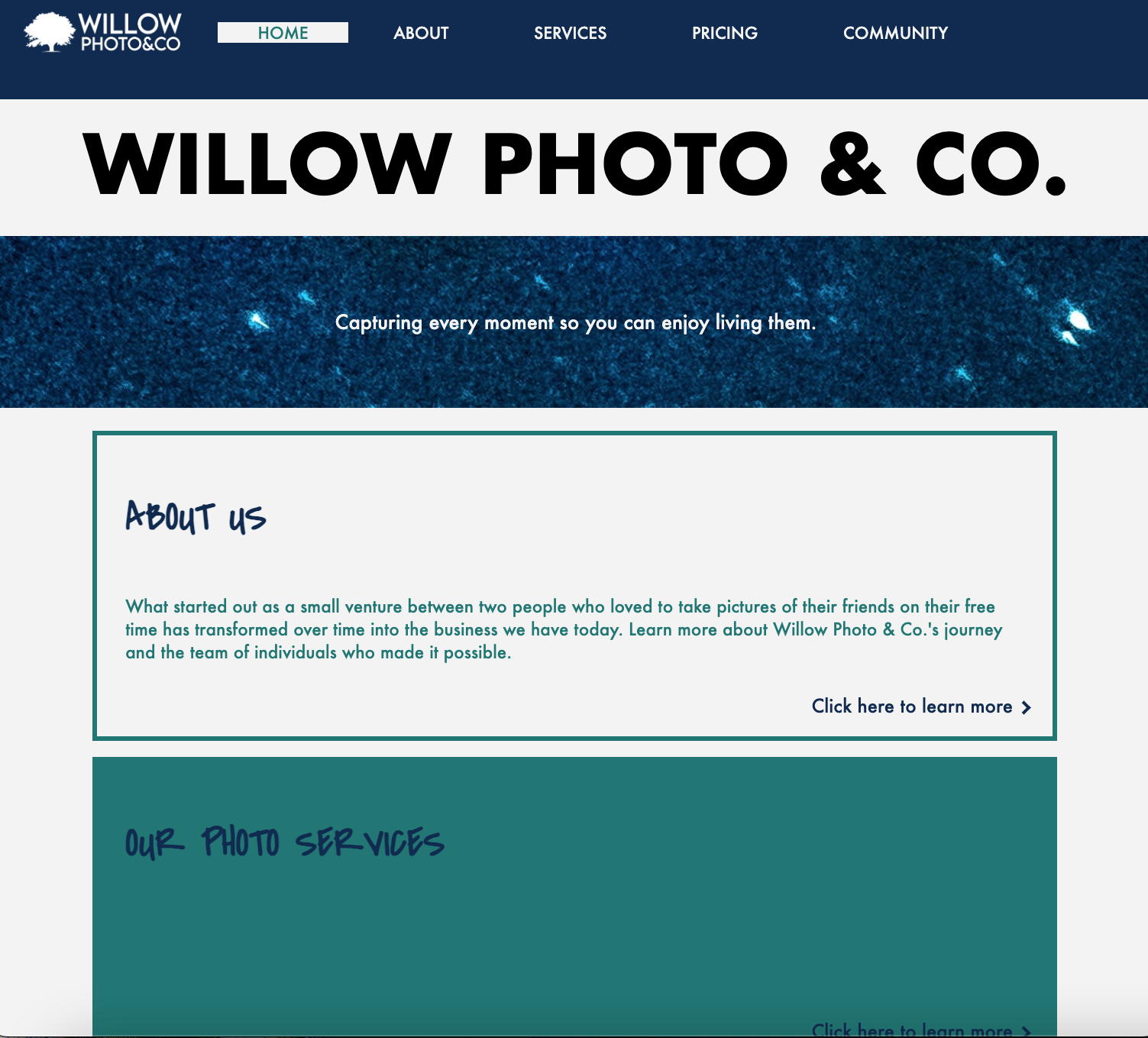 Screenshot of Willow Photo & Co. website homepage featuring navigation menu options, the company logo with a tree icon, headline in bold text, and a section about the company with a clickable link.