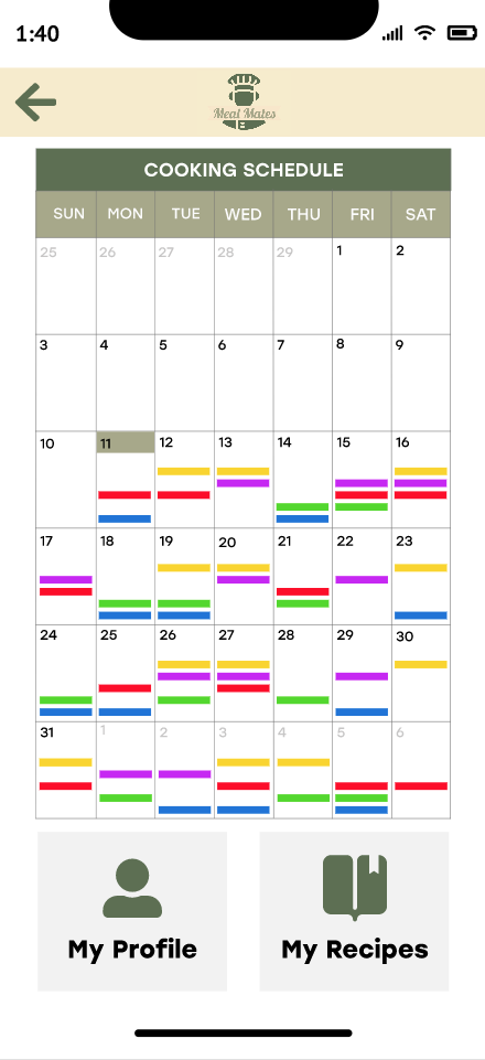 Mobile app screen displaying a cooking schedule calendar with color-coded blocks, and two buttons labeled 'My Profile' and 'My Recipes' at the bottom.