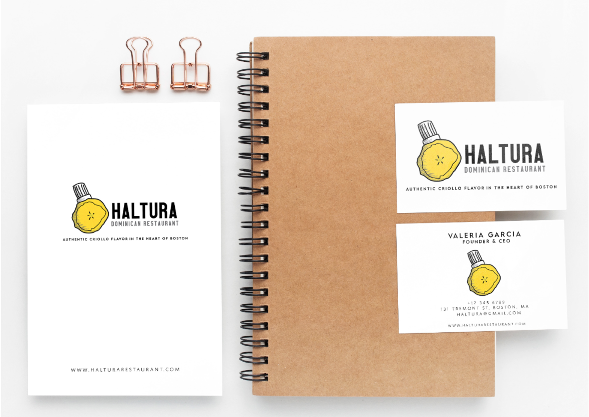 Business cards and a notebook for Haltura Dominican Restaurant, featuring a lemon and salt shaker logo, with contact information and website address.