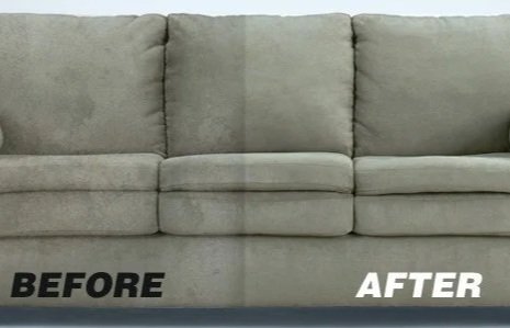 Comparison of a light green couch before and after cleaning or refurbishment.