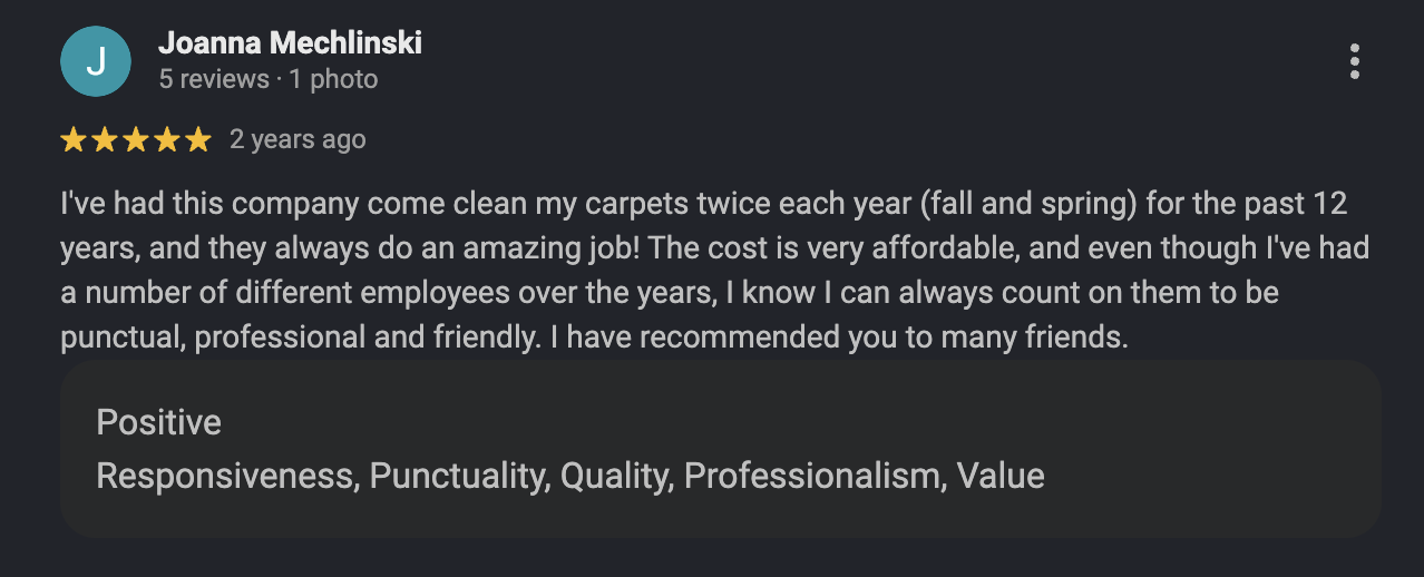 Screenshot of a Google review by Joanna Mechlinski praising a carpet cleaning company for their professional, affordable, and punctual service over 12 years, with five-star rating and positive comments on responsiveness and quality.