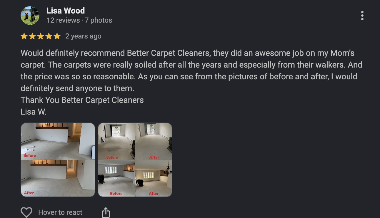 Two images showing before and after photos of a living room, with the before images featuring a messy, dust-covered carpet and the after images showing a clean, carpeted floor.