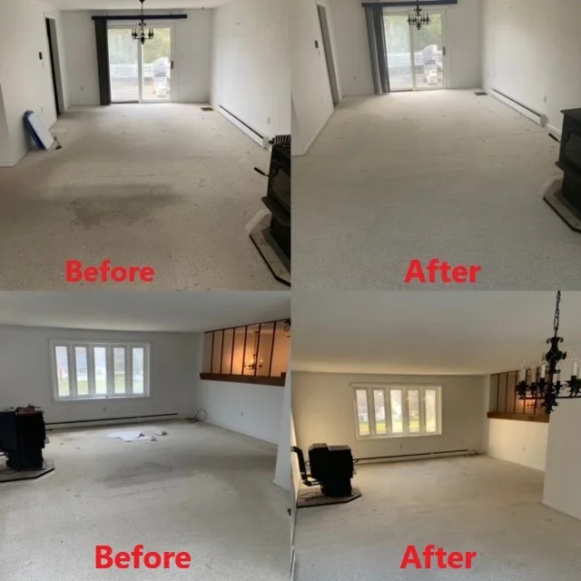 Side-by-side comparison of a living room and dining area before and after cleaning and renovation. The "before" images show a room with dusty carpet, minimal furniture, and an unfinished look. The "after" images show clean carpets, fresh paint, finished decor, and improved lighting, presenting a more inviting and completed space.