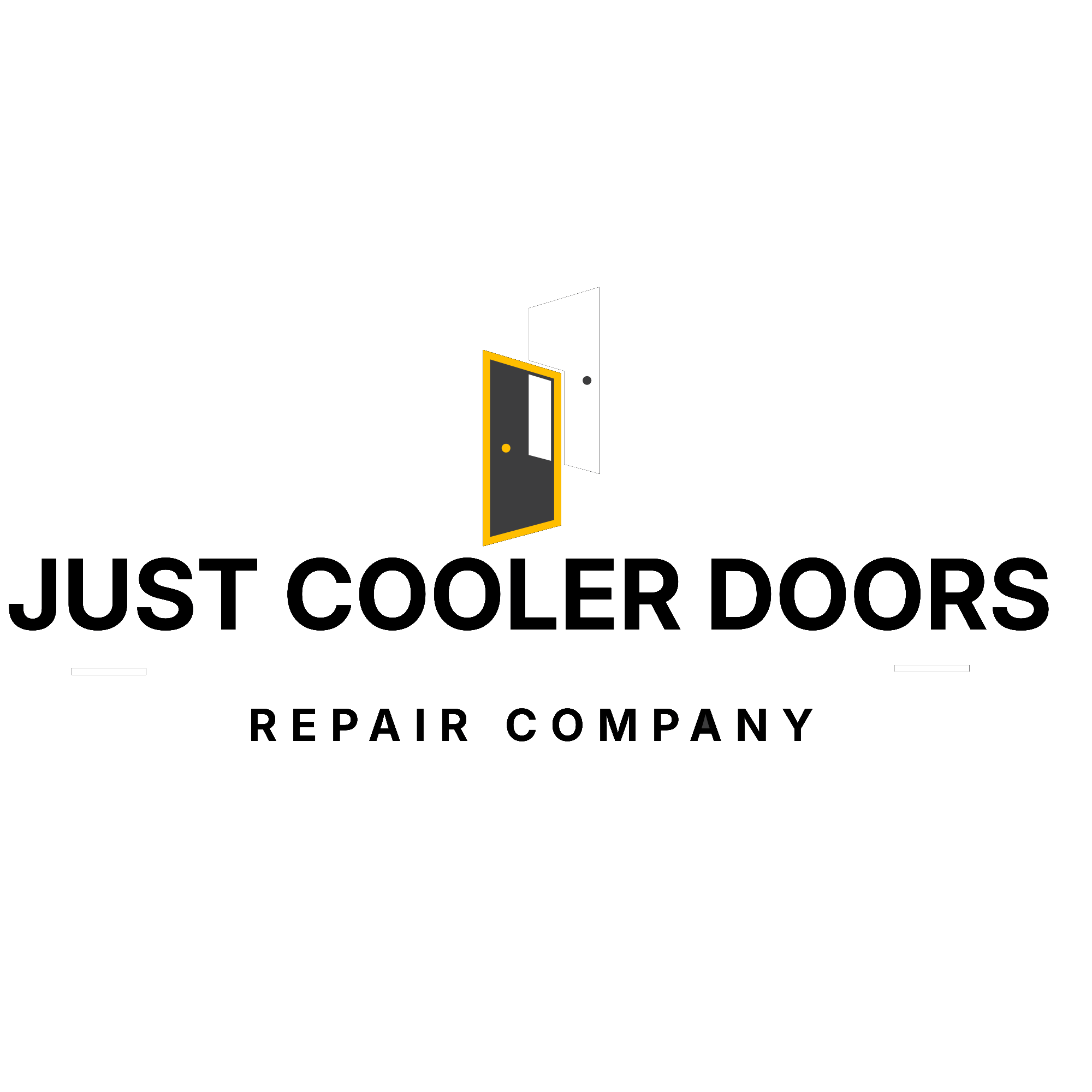 Black background with text that says 'Just Cooler Doors Repair Company' and a graphic of an open door with a yellow outline.