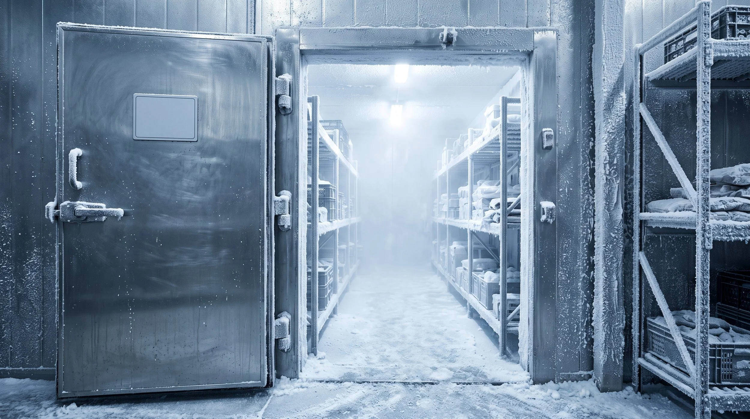 A walk-in freezer with shelves filled with frozen supplies, frosted over with ice and snow inside a commercial or industrial storage facility.