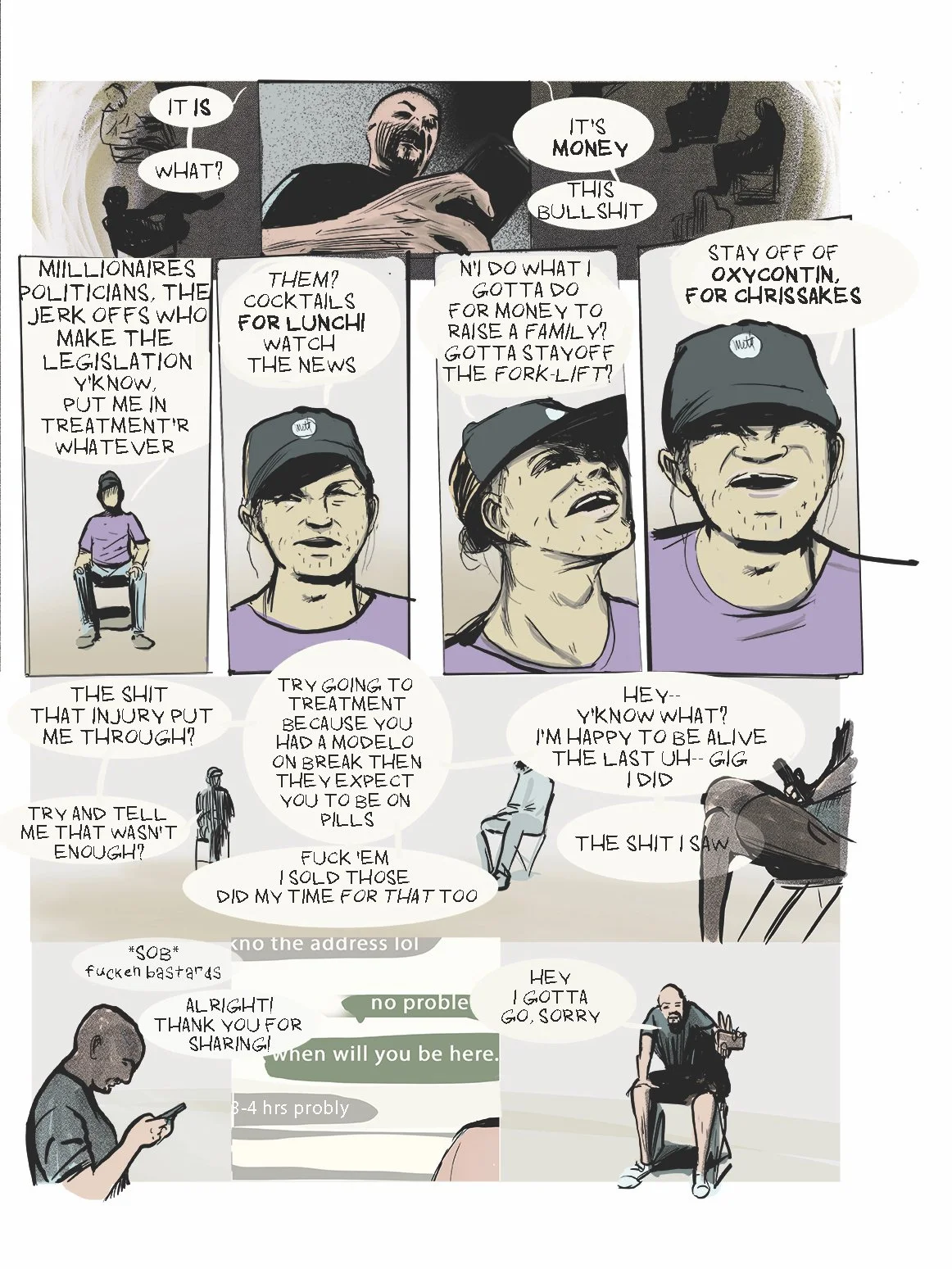 A comic-style illustration depicting individuals engaged in conversations about politics, money, and personal struggles, with some characters sitting in chairs and using phones.