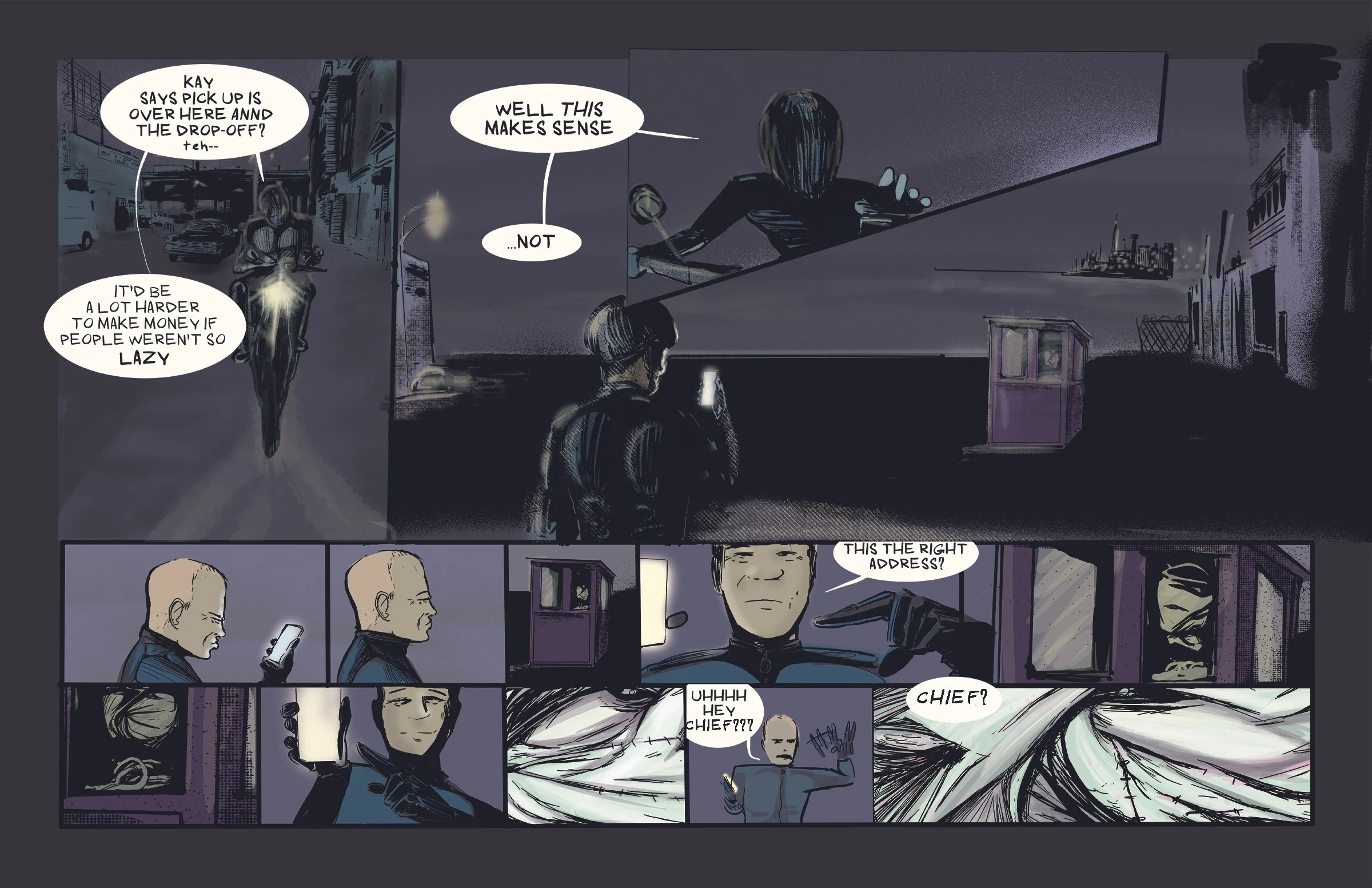 A dark comic book scene showing people talking on and looking at their phones, with speech bubbles discussing pick-up and drop-off locations for a motorcycle delivery.
